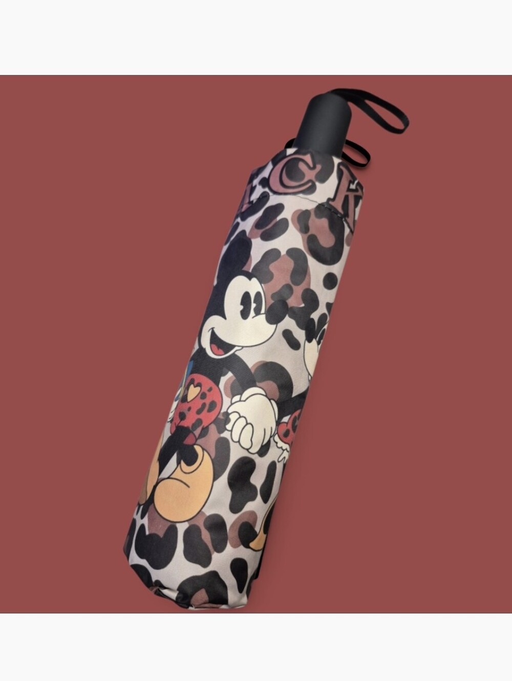 Disney Mickey & Minnie Leopard Print Compact Folding Umbrella in Tan, Brn,& Blk